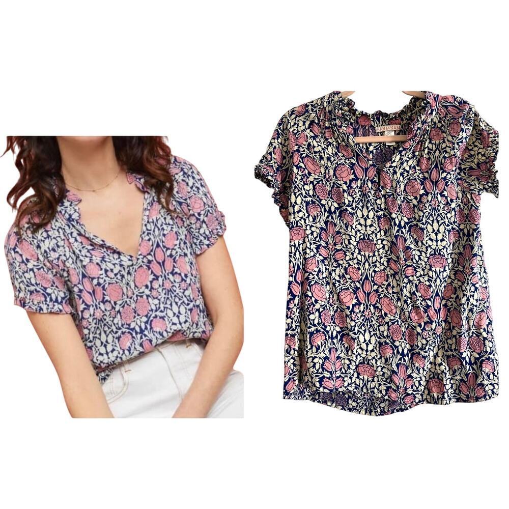 BANJANAN Anthropologie Boho Floral Ruffle Soft Blouse Top Pink Blue - Sz Small